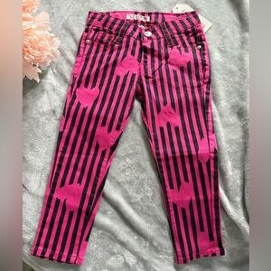 Vibrant Pink and Black Striped Jeans with heart Motif